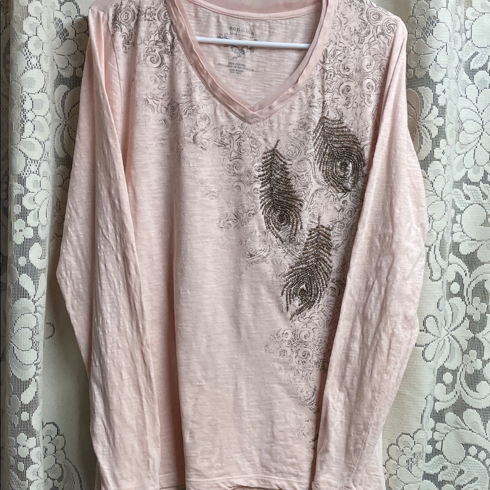 Sonoma Light Peach Long Sleeve Top with Feather Design